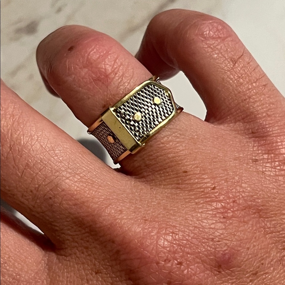 Solid 18K + Platinum Buckle Italian designer ring, size 6